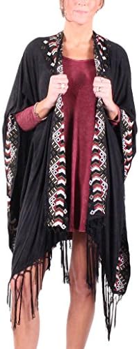 POL Clothing Women's Embroidered Fringe Poncho Black One Size