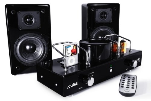 Fatman iTube ValveDock Carbon Edition Audiosystem (Röhrenverstärker, Dock, Lautsprecherpaar) für Apple iPod schwarz