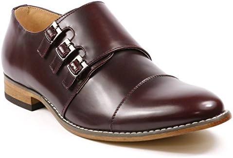 UVS09 Men's Triple Monk Strap Cap Toe Slip On Loafers Dress Shoes (Burgundy, 13)