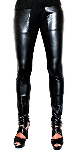Yvette Barreto Black Leggings with Faux Leather Trim, Small Medium and Large