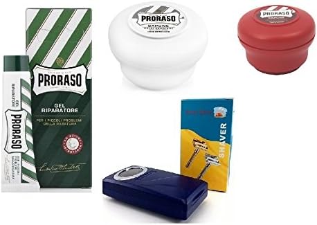 Pro'raso Shave Soap, Sensitive 150 ml + Shave Soap, Sandalwood 150 ml + Shaving Factory Double Edge Safety Razor, Silver + Styptic Gel 10ml