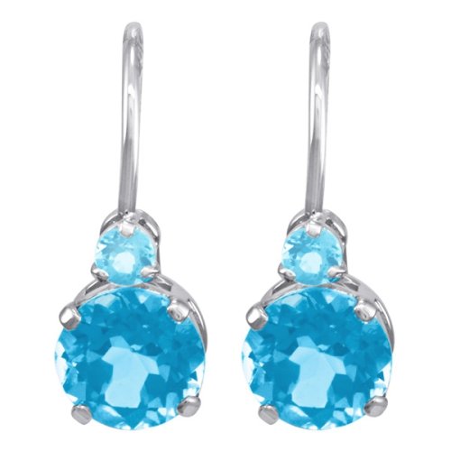 14k White Gold Blue Topaz Euro Wire Dangle Earrings