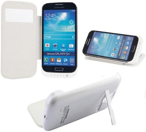 SQdeal® White High Capacity 3200 mAh External Battery Pack Portable Power Bank Charger + PU Leather Case Cover Protect for Samsung Galaxy S4 S IV I9500,With Media Kick Stand