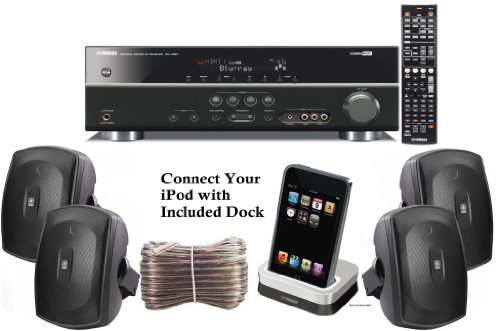 Yamaha 3D-Ready 5.1-Channel 500 Watts Digital Home Theater Audio/Video Receiver + Yamaha Universal iPod Dock + Set of 4 Yamaha All Weather Indoor / Outdoor 120 watt Wall Mountable Natural Sound 2-way Acoustic Suspension Speakers - Black + 100ft 16 AWG Spe Yamaha 3D-Ready 5.1-Channel 500 Watts Digital Home Theater Audio/Video Receiver + Yamaha Universal iPod Dock + Set of 4 Yamaha All Weather Indoor / Outdoor 120 watt Wall Mountable Natural Sound 2-way Acoustic Suspension Speakers - Black + 100ft 16 AWG Spe