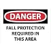 NMC D529AB OSHA Sign, Legend "DANGER - FALL PROTECTION REQUIRED IN THIS AREA", 14" Length x 10" Height, Aluminum, Black/Red on White