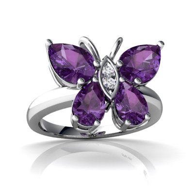 14K White Gold Pear Genuine Amethyst Butterfly Ring Size 6.5