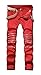 Men's Red Ripped Stretch Skinny Straight Cut Slim Fit Jeans Pants with Zipper Red W30