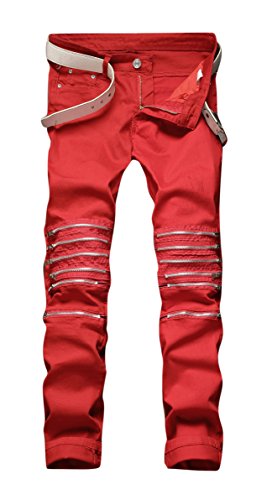 Men's Red Ripped Stretch Skinny Straight Cut Slim Fit Jeans Pants with Zipper Red W30