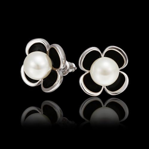 Duman 18k White Gold Plated Earrings Black Enamel White Pearl Flower Stud Earrings