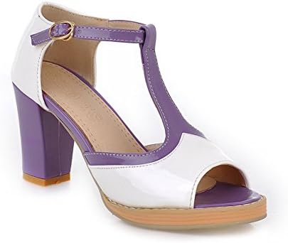 QueenFam Womens Open Peep Toe High Heel Chunky Heels PU Patent Leather Assorted Colors Sandals with Buckle, Purple, 42