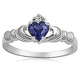 Sterling Silver Ladies Heart Shape Blue Sapphire Cubic Zirconia CZ Irish Friendship and Love Band Claddagh Ring (Available in size 6, 7, 8)