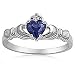 Sterling Silver Ladies Heart Shape Blue Sapphire Cubic Zirconia CZ Irish Friendship and Love Band Claddagh Ring (Available in size 6, 7, 8)