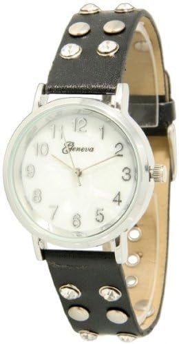 Geneva Women's Double Rhinestone and Stud Snap Band Leather Watch - Black