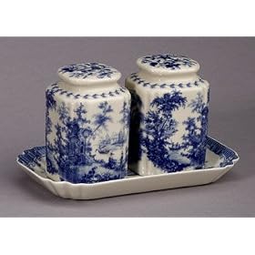 Blue French Toile Salt and Pepper Set with Tray