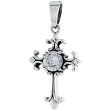 Sterling Silver Cross Fleury Pendant w/ Large Clear CZ, w/ 18" Thin Box Chain