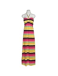 Cotton/Polyester/Spandex Sweetheart Keyhole Beaded Striped Print Halter Maxi Dress 