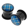 Blue Acrylic Single Flared Plugs with Plaid Pattern and "O" Ring - 4G - Sold as a Pair