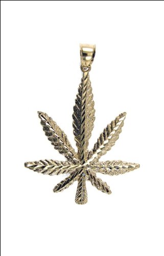 14k Yellow Gold, Hemp Marijuana Leaf Pendant Charm 47mm Wide