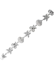 Silver Rhodium Plated Diamond Cut Polish 7.25" Turtle Starfish And Shell Link Sea Life Bracelet With Lobster Clasp