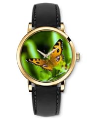 SPRAWL Aanalog Fashion Series Gold Ladies Watches of Genuine Black Leather Strap,Unique Wrist Watch for Women Girls Designed with Yellow Butterfly