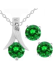 2.40 Ct Round Created Emerald .925 Silver Pendant and Earrings Set 18" Chain