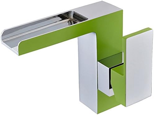 Sunnyhome007 Square Modern Solid Brass Bathroom Faucet Single Handle Hot and Cold Waterfall Basin Mixer Tap, Green &amp; Chrome Finish