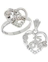 Sterling Silver Quinceanera 15 AÑOS Rose Ring & Pendant Set CZ Stones Rhodium Finished