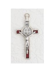 Art and Craft Supply: INRI Crucifix with St. Benedict Medal Silver Plated Enamel Red 3" - FindingKing