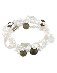Rose and White Quartz, Grey Agate and Freshwater Cultured Pearl Bracelet, 7.5"