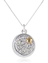 Two-Tone Sterling Silver with Yellow Gold Flashed Crystal Disc with Shooting Star, Necklace, 18"