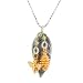 Long Mint Leaf Pendant in Sterling Silver with Gold Vermeil Bee and Pine Cone Charms on an 18" Diamond Cut Bead Chain, #7545