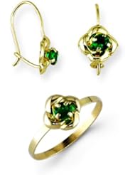 Childs 14k Yellow Gold Flower Green CZ Earrings Size 3.5 Ring Set