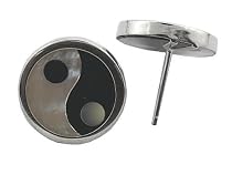 Onyx and Mother Of Pearl Ying-Yang Earrings, 925 Sterling Silver