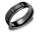 Men's Black Titanium 7mm Round Edge Comfort Fit Wedding Ring Band Satin Finish with High Polish Grooves, Size 11
