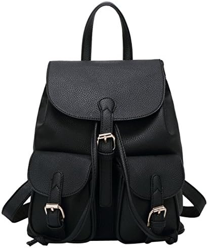 Thinksky Women Pure Color Pu Leather Backpack Casaul Shoulder Bag Schoolbag Black