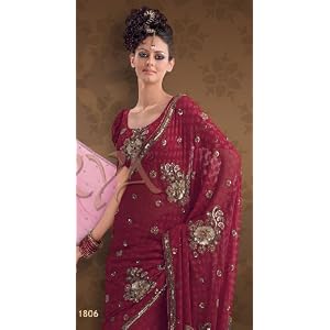 Beautiful Maroon Faux Georgette Partywear Sari Saree with Unstitched Blouse