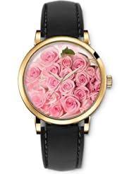 SPRAWL Aanalog Fashion Series Gold Ladies Watches of Genuine Black Leather Strap,Unique Wrist Watch for Women Girls Designed with Bouquet of roses