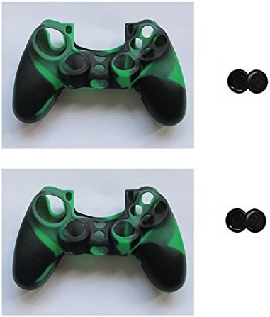 Camouflage 2 in 1 New High Quatity Silicone Cover Case Skin for Playstation 4 / Ps4 Controller （Controllers Skin X 2 + Thumb Grip X 4 ) (Green black)