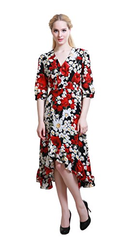 VAMEI 1950's Women's V Neck Floral Print 3/4 Sleeve Wrap Belted Dress