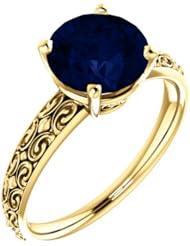 14K Yellow Gold 8.00mm Round Cut Chatham Created Sapphire Ring -- LIFETIME WARRANTY