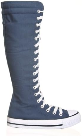 NEW Canvas Sneakers Flat Tall Punk Skate Shoes Lace up Knee High Boots FOR KIDS (3, blue/white)