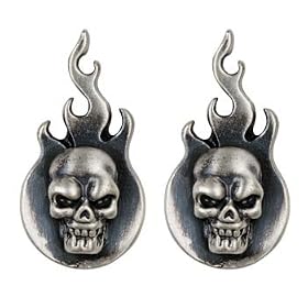 Flaming Skull Pewter Stud Earrings Punk Rock