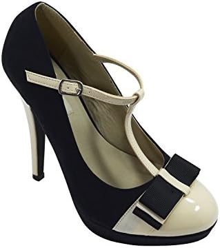 Vintage Inspired Retro Pin-up Black &amp; Cream Two Tone Bow Accent T-strap Mary Jane Platform Stiletto Pumps (6.5)