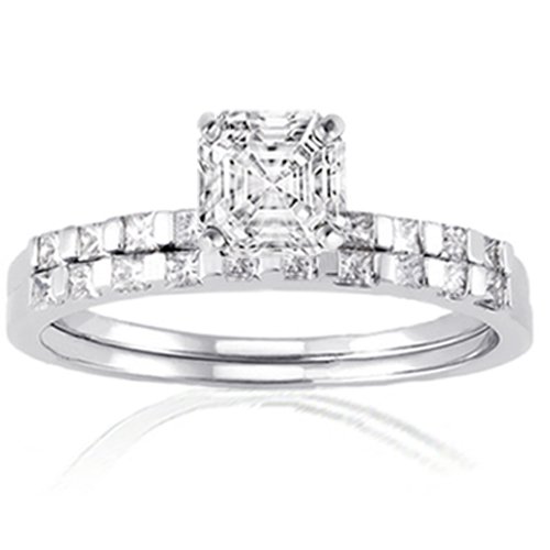 1.35 Ct Asscher Cut Diamond Engagement Wedding Rings Set VS2 EGL CUT: VERY GOOD