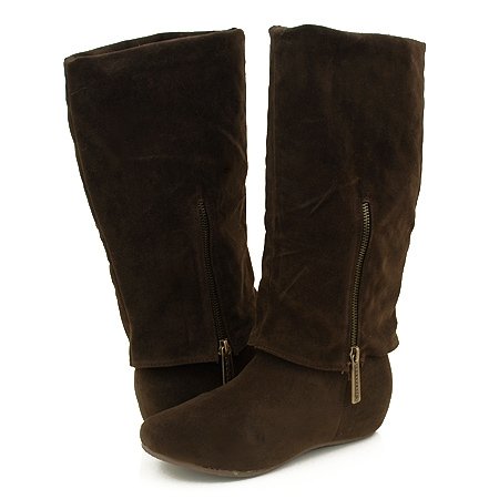 Fold Over Cuff Womens BROWN Faux SUEDE Flat Boots