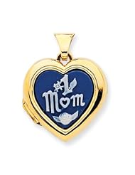 14k Yellow Gold Polished Heart-Shaped Talking #1Mom Agate Cameo Inlay Locket.