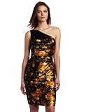IMAGE OF Maggy London Women's One Shoulder Printed Satin Dress, Black/Gold, 6