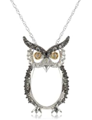 10k Two-Tone Gold Black, White and Champagne Diamond Owl Pendant Necklace (1/10 cttw, H-I Color, I2-I3 Clarity), 18"
