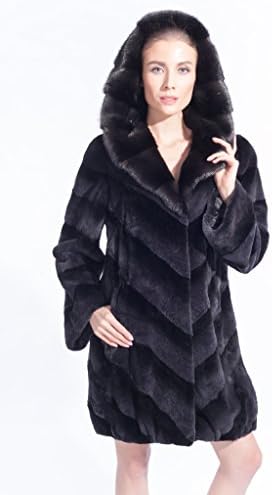 QDFUR Women's Mink Fur Hooded Rex Rabbit Fur Coat Slim Stripe Overcoat Purple 2XL