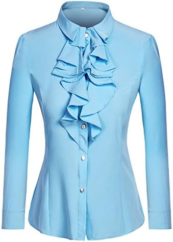 Women Elegant Stand Collar Lotus Leaf Ruffle OL Top Blouse Shirt Light blue US 2